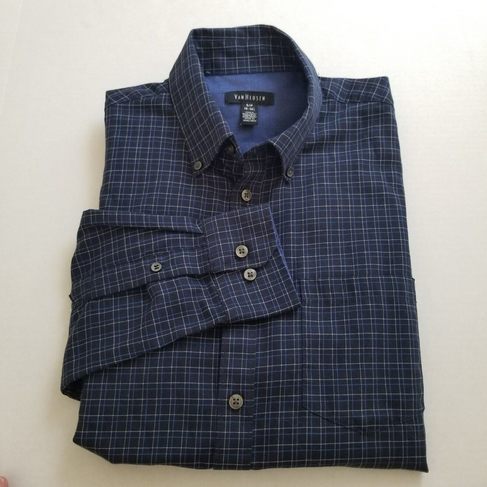 Van Heusen Small S 14-14-1/2 Shirt Black Blue White Plaid Button Down